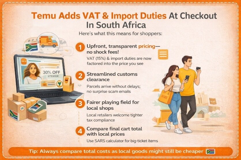 Infographic: VAT and import duties included at checkout for South Africa online shopping.