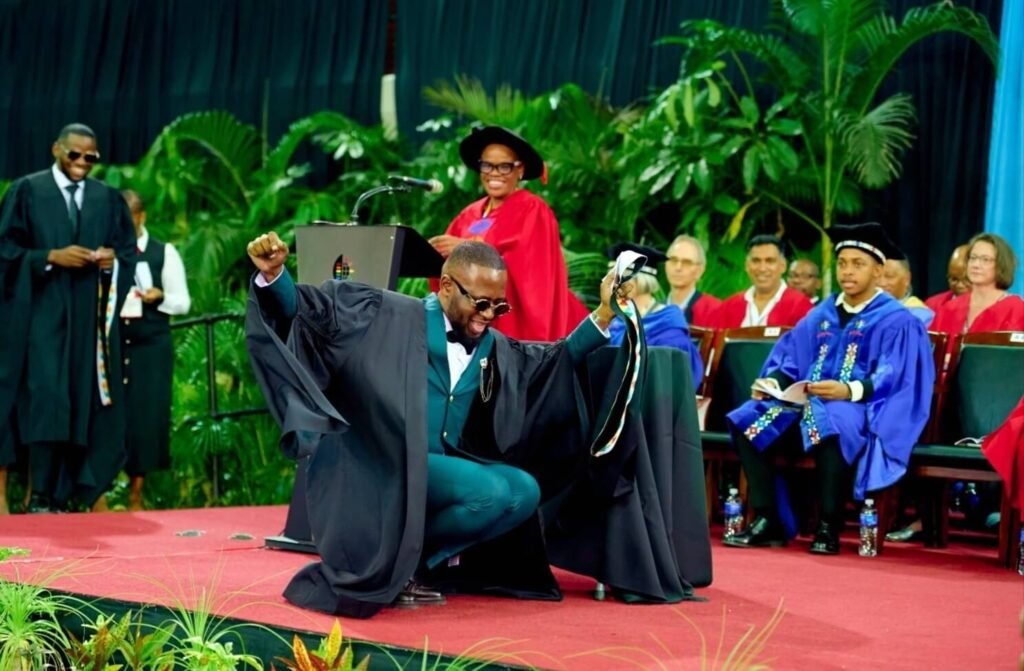 Dr Andile Mkhungo celebrates on stage after graduating as a UKZN MBChB graduate in 2026.