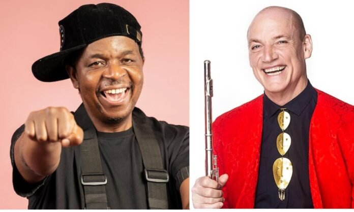 ​A side-by-side photo collage of Order of Ikhamanga recipients: on the left, kwaito pioneer Oskido smiles while extending a fist toward the camera; on the right, Grammy-winning flautist Wouter Kellerman laughs while holding his silver flute.