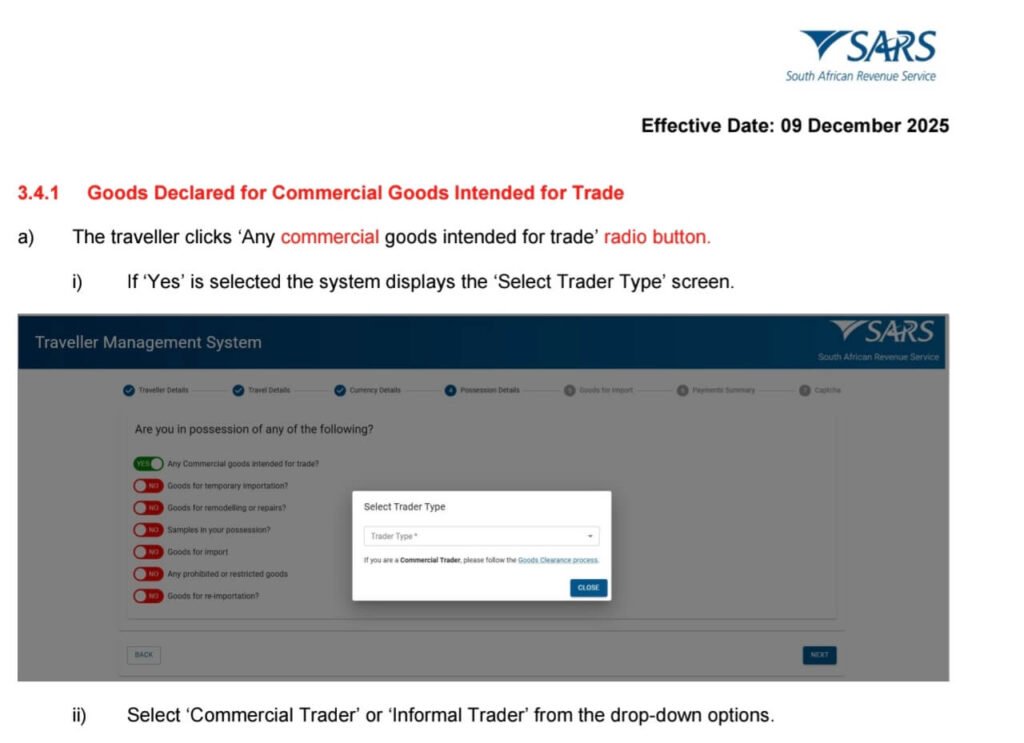 SARS Traveller Management System digital pre-clearance declaration screen showing options for commercial and informal traders.