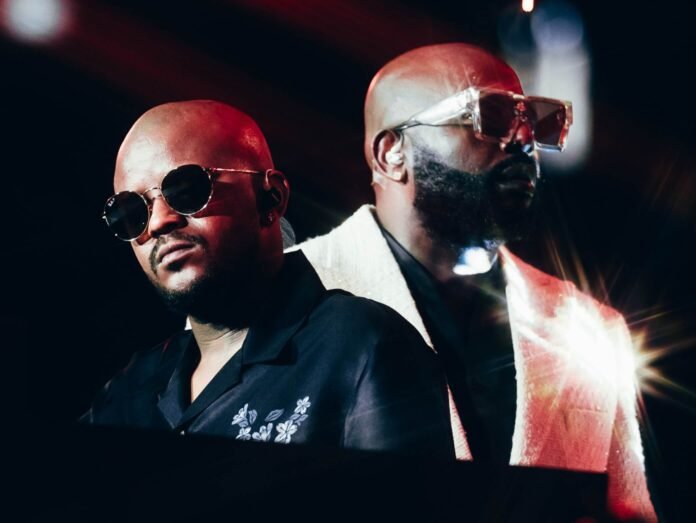 Portrait of Amapiano producers Kabza De Small and DJ Maphorisa during a Scorpion Kings Live performance.