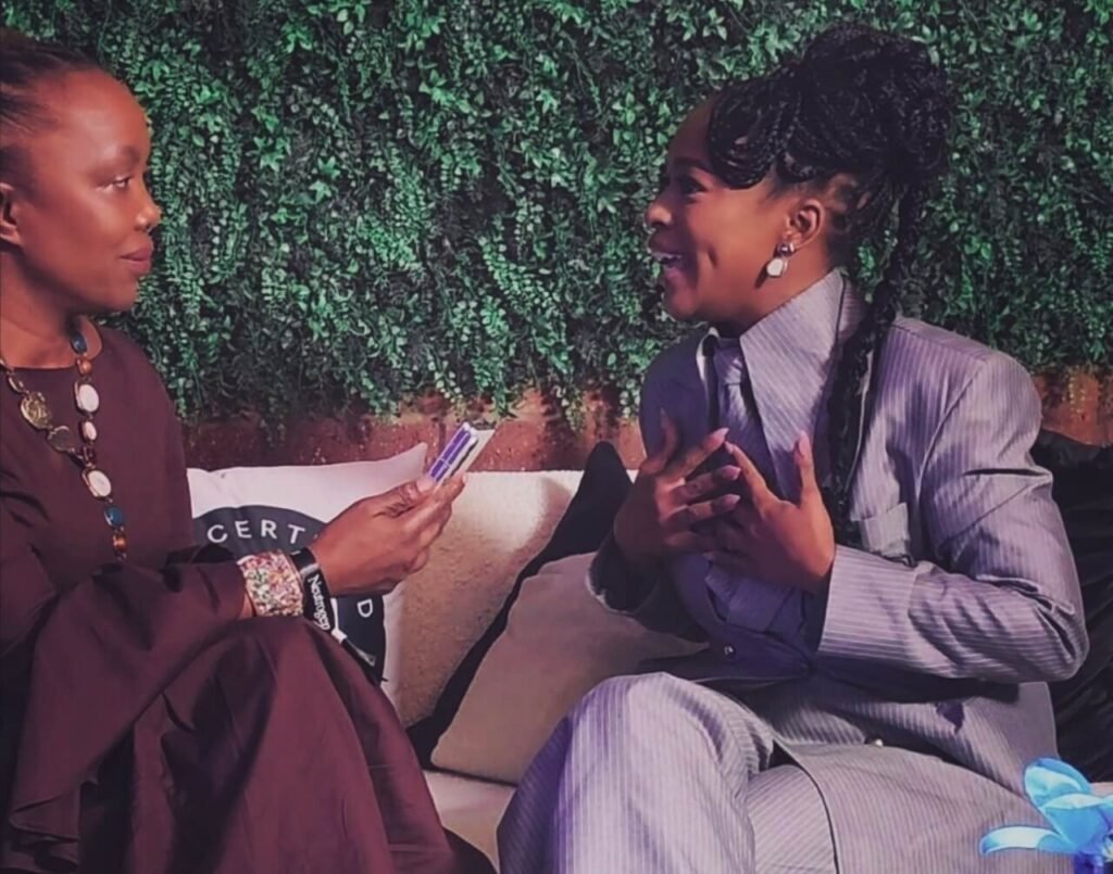 Tankiso Komane interviews Nomzamo Mbatha at the Skin Certified SA skincare event