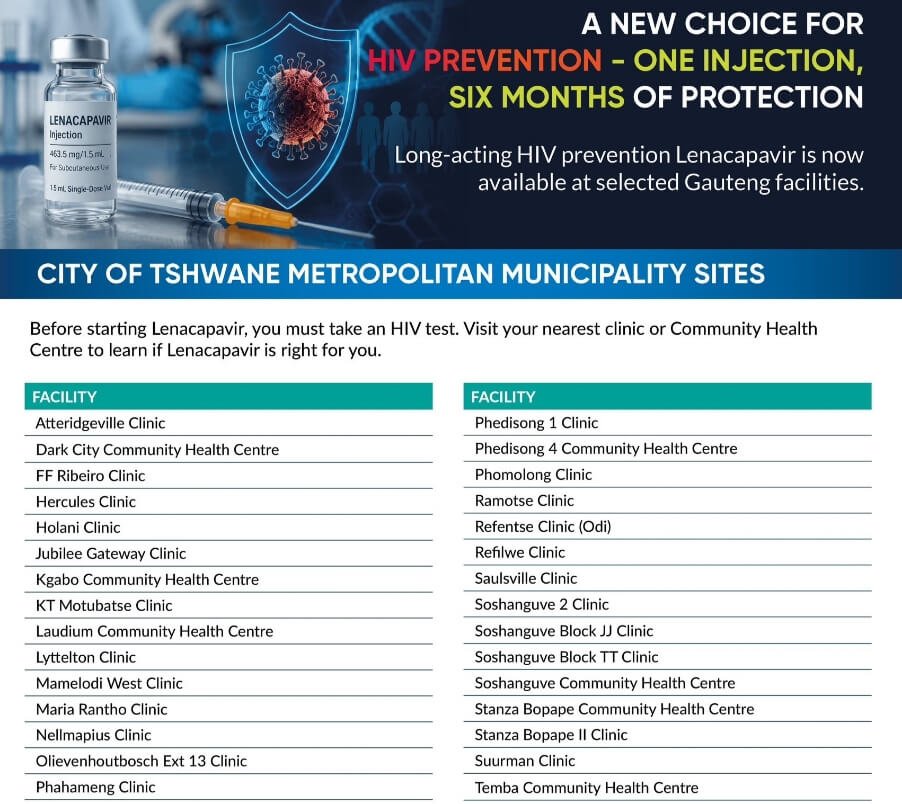 Tshwane clinic directory listing health facilities offering the Lenacapavir HIV prevention injection in Gauteng.
