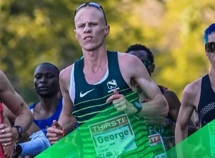 George Kusche leads the field during the 2026 Comrades Marathon, where he set a new Up Run course record.