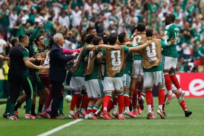 Mexico players celebrate Julian Quinones goal against South Africa in World Cup 2026 Group A opener at Estadio Azteca.