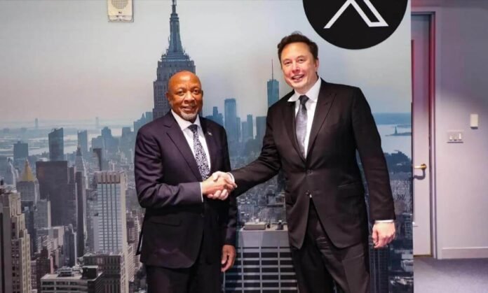 Namibia President Mbumba and Elon Musk shake hands on Starlink licensing, later rejected by CRAN over ownership laws.