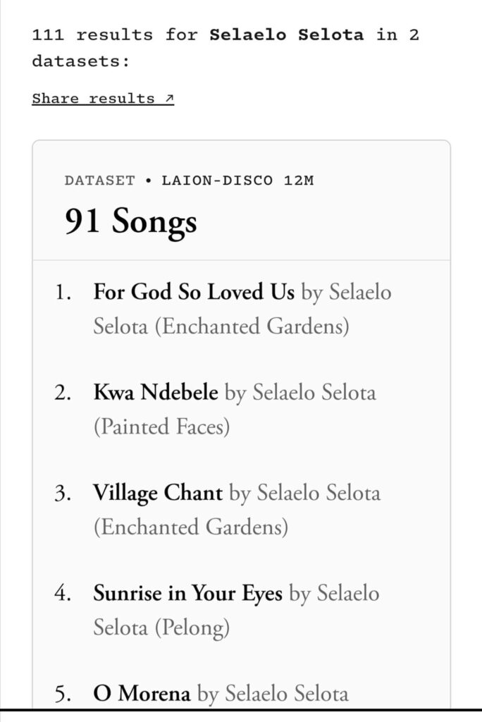 NOWinSA search results showing 111 Selaelo Selota songs in 2 AI music datasets.