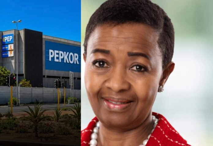 Pepkor chair Wendy Luhabe alongside a Pepkor store as the retailer prepares to launch a licensed bank.