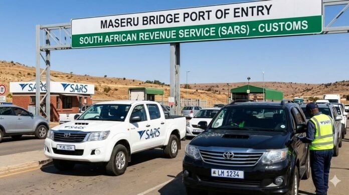 Vehicles queue at Maseru Bridge border post under new SARS foreign vehicle declaration rules.