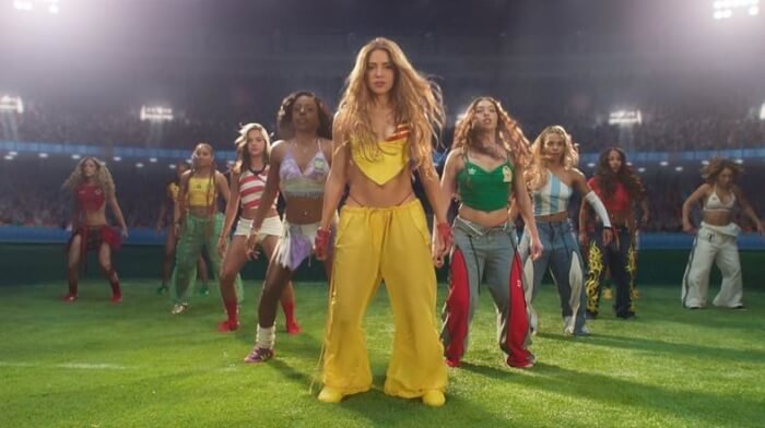Shakira performs on a football pitch in the Dai Dai FIFA World Cup 2026 music video.