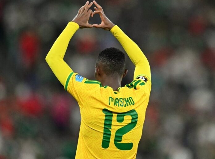 Thapelo Maseko celebrates after scoring for South Africa against South Korea at the 2026 FIFA World Cup.