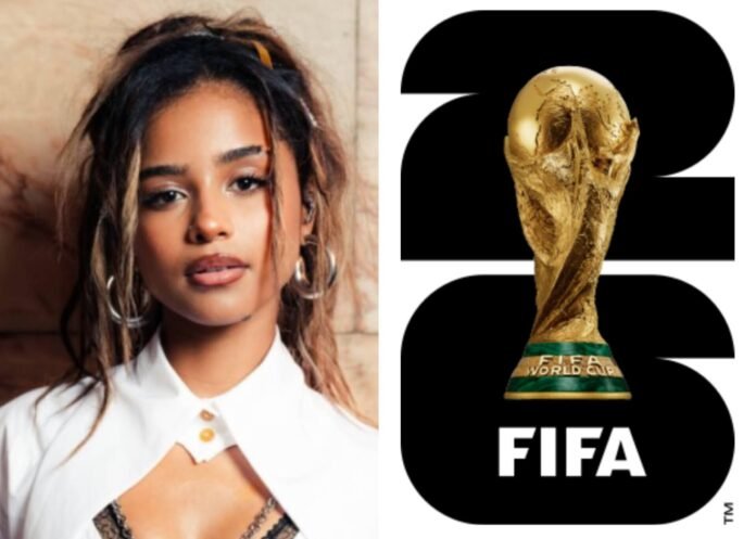Split image of Tyla portrait and FIFA World Cup 2026 trophy
