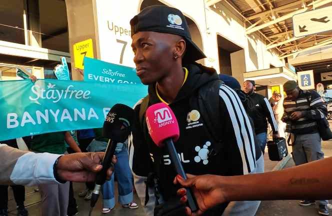 Karabo Dhlamini speaks to media before Banyana Banyana depart for the 2026 WAFCON.