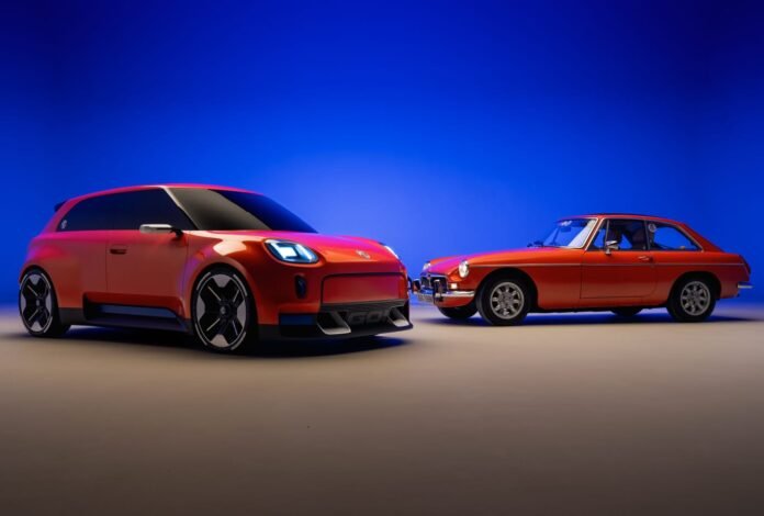 MG GO! Concept beside a classic MGB GT at Goodwood, showcasing MG's heritage-inspired electric vehicle design.