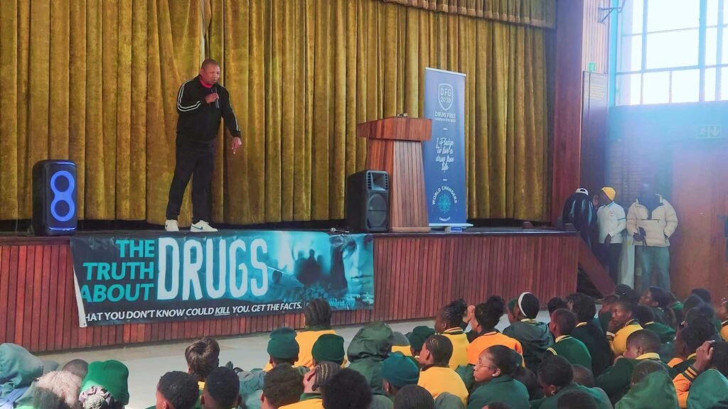 Oupa Hlongwane speaks to learners during a drug awareness programme at Leondale Hoërskool.