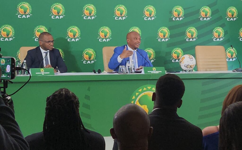 CAF President Patrice Motsepe speaks during a media briefing announcing increased WAFCON prize money.