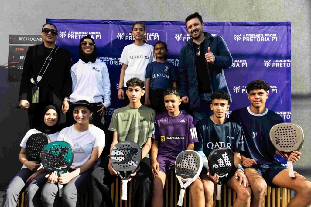 Premier Padel Pretoria P1 Ball Kid finalists pose with rackets after the official selection trials in South Africa.
