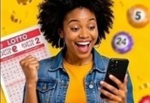 Saturday’s Daily Lotto results: Check the July 11 winning numbers Woman smiles at smartphone with Lotto ticket, colourful lottery balls and yellow background with floating numbered balls.