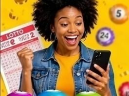 Daily Lotto results: Check Monday, September 21 winning numbers Woman checking lottery results on a smartphone while holding a Lotto ticket, with colourful numbered balls around her.