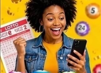 Saturday’s Daily Lotto results: Check the July 11 winning numbers Woman smiles at smartphone with Lotto ticket, colourful lottery balls and yellow background with floating numbered balls.