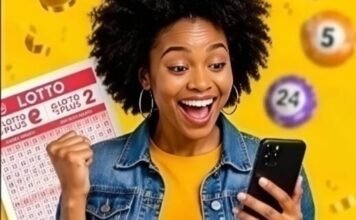 Daily Lotto results: Check Monday, September 21 winning numbers Woman checking lottery results on a smartphone while holding a Lotto ticket, with colourful numbered balls around her.