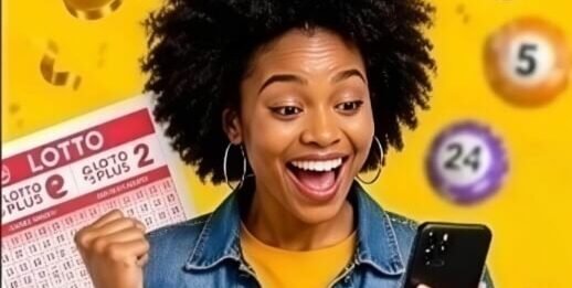 Daily Lotto results: Check Monday, September 21 winning numbers Woman checking lottery results on a smartphone while holding a Lotto ticket, with colourful numbered balls around her.