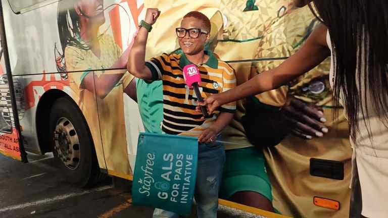 Stayfree Brand Manager Zamashandu Mbatha speaks during Banyana's WAFCON send-off.