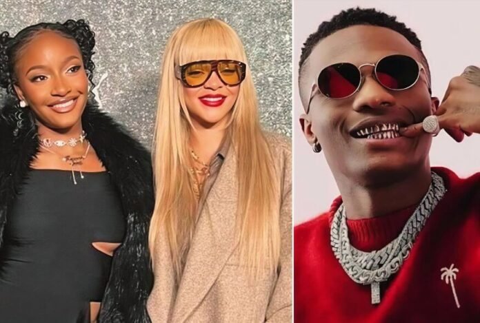 Ayra Starr and Rihanna pose together while Wizkid appears in a separate image wearing sunglasses and a red top.