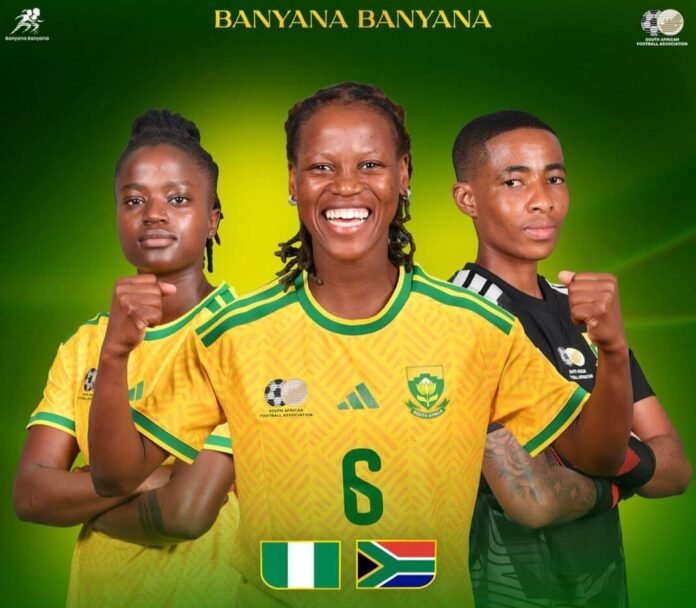 Three Banyana Banyana players pose in yellow and black kits against a green background with Nigeria and South Africa flags.