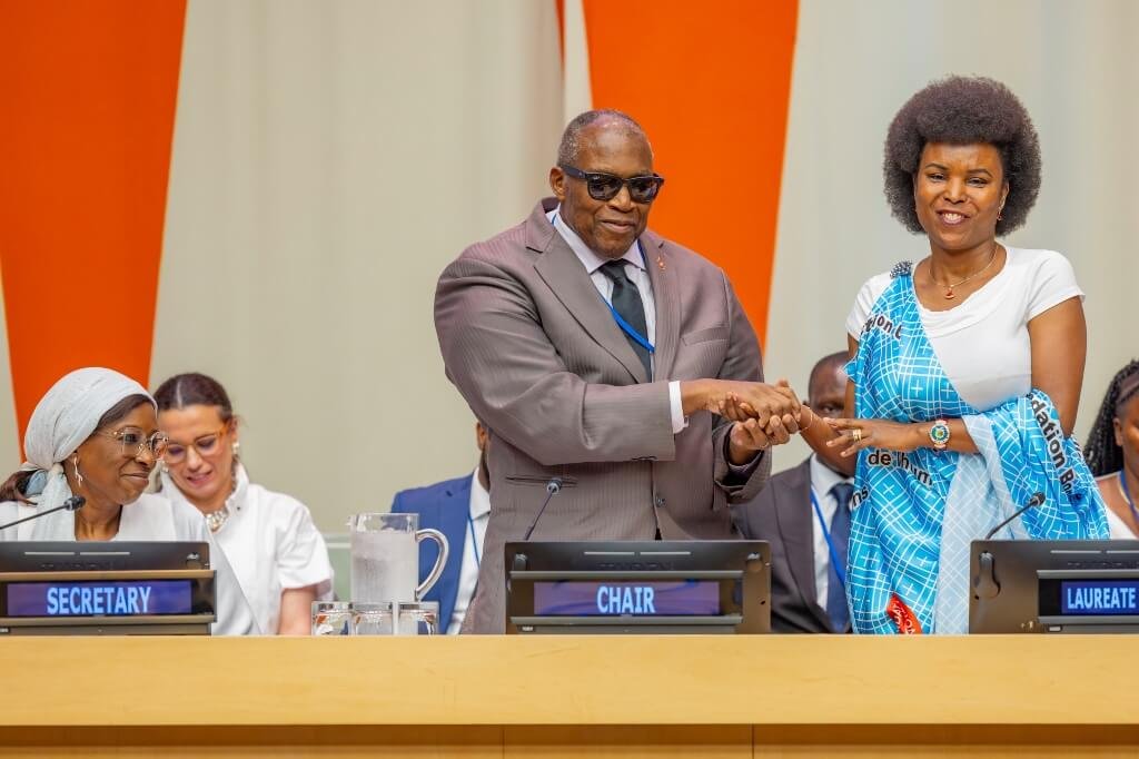 Burundi First Lady Angeline Ndayishimiye receives the UN Population Award during a ceremony at UN Headquarters.