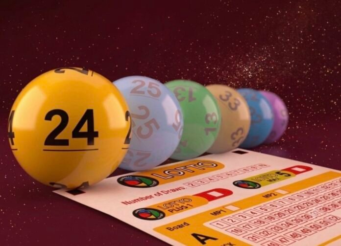 Lotto balls numbered 24, 25 and 13 beside a National Lottery Lotto, Lotto Plus 1 and 5 Max bet slip