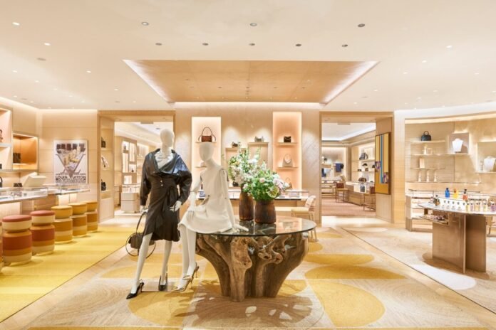 Louis Vuitton Cape Town flagship interior with dressed mannequins beside a glass table on a carved wood base