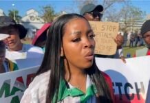 March and March’s AfriForum sit-down splits South Africa down the middle Ngobese-Zuma, March and March leader, speaks to media at anti-immigration protest surrounded by supporters