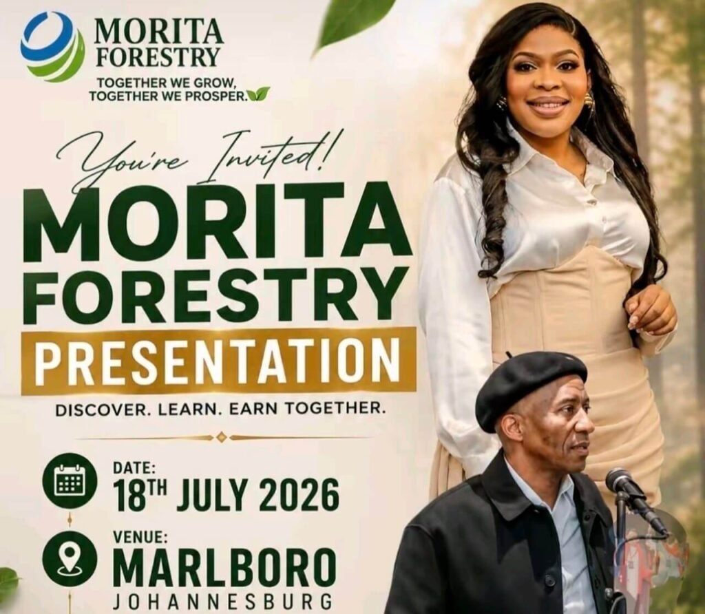 Morita Forestry promotional poster featuring recruiters Bubbles and Unique advertising a Johannesburg event.