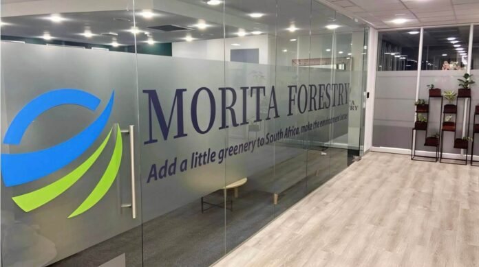 Morita Forestry branding displayed on the glass entrance of the company's Sandton office.
