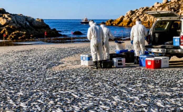 Hazmat-suited workers collect dead sardines on a South African beach for testing