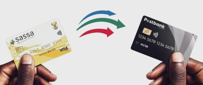 SASSA Gold Card and Postbank Black Card shown with arrows indicating the switch.