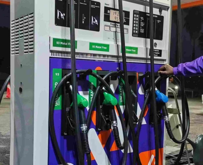 Petrol and diesel nozzles at a South African filling station as July fuel prices fall despite the R1.50 levy hike.