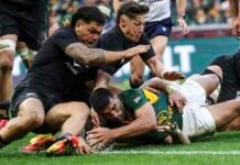 Springboks beat All Blacks 33-26 to level series as Erasmus hits back at Rennie Springboks player grounds the ball as All Blacks defenders close in during the second Test in Cape Town.