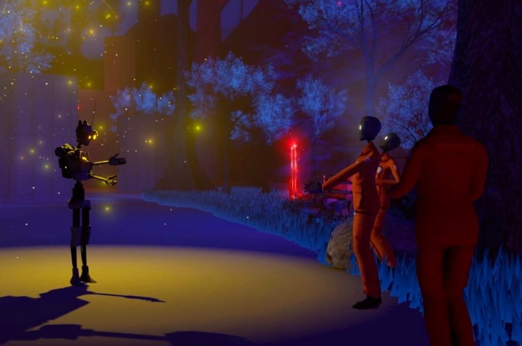 Humanoid robot facing three figures on a moonlit forest path in Uncanny Alley: A New Day