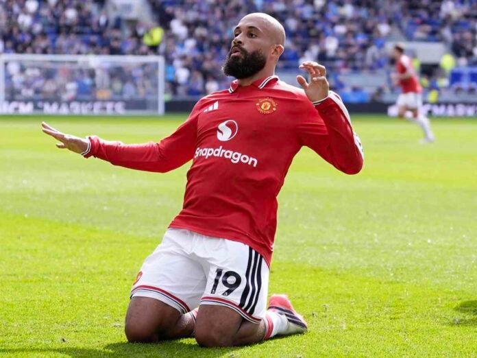 Bryan Mbeumo celebrates in a Manchester United kit after scoring against Ipswich Town