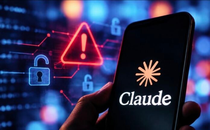 Smartphone displaying Claude beside digital warning symbols representing AI and human-extinction risks