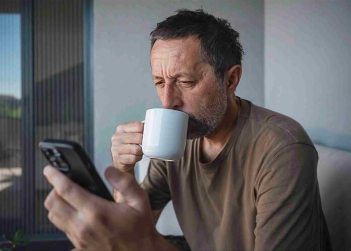 Man squints at his phone while sipping coffee from a white mug