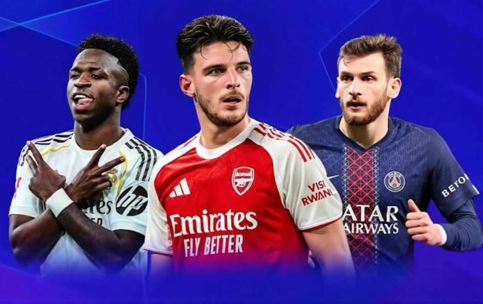 Real Madrid, Arsenal and PSG players in club kits featured in a graphic about Champions League football.