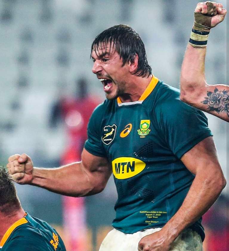 Eben Etzebeth celebrates with a fist pump in his Springbok jersey during a Test match against the British & Irish Lions.