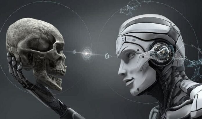 Human skull facing a futuristic humanoid robot against a dark digital background