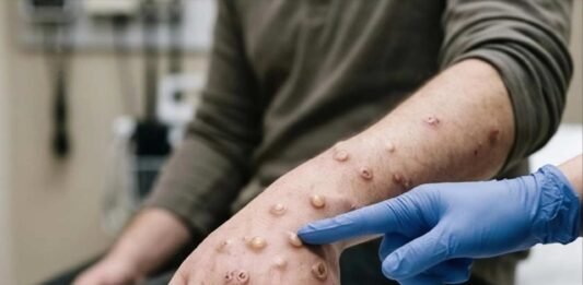 Mpox cases rise to 22 in South Africa as more provinces report infections Gloved healthcare worker examines mpox skin lesions on a patient's hand and forearm