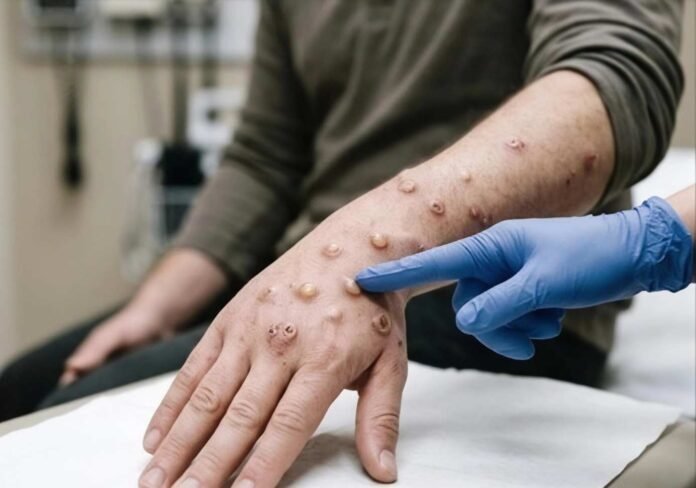 Gloved healthcare worker examines mpox skin lesions on a patient's hand and forearm