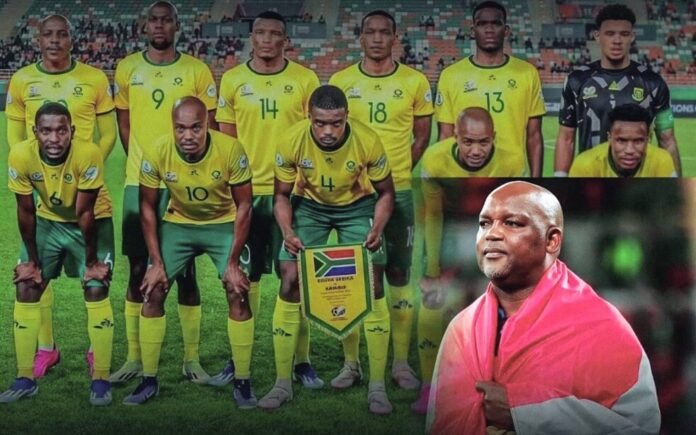 Pitso Mosimane inset with Bafana Bafana starting eleven in South Africa yellow and green kits