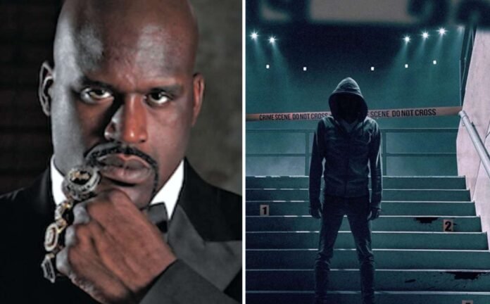 Shaquille O’Neal in a suit beside a hooded figure at a cordoned-off crime scene in Game Day Murders